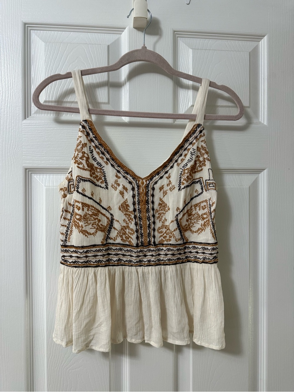 T.J.Maxx Cream Tank Top with Brown & Black Embroidery